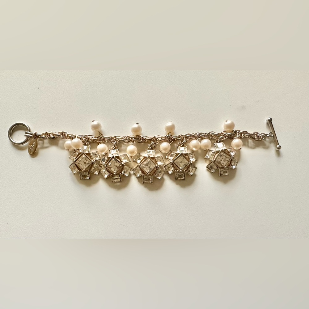 Ann Taylor Flower Rhinestone and Pearl Charm Bracelet